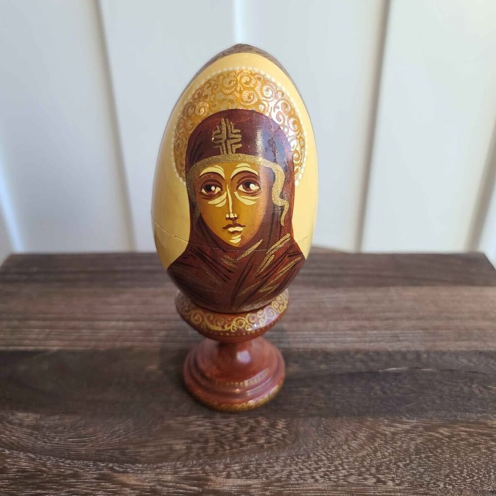 VTG Russian Orthodox Hand Painted Wood Nested Easter Eggs Virgin Mary Cathedral